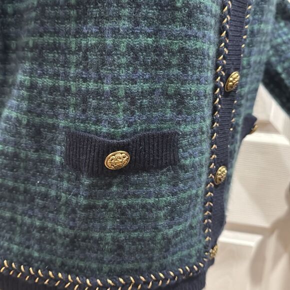 C by Bloomingdale's Cashmere Tweed Cardigan. Navy Combo. - Picture 3 of 6